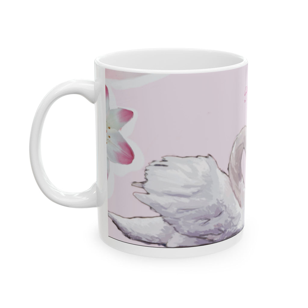 Swan Heart Ceramic Mug — Romantic Pink Floral 11oz/15oz Coffee Cup