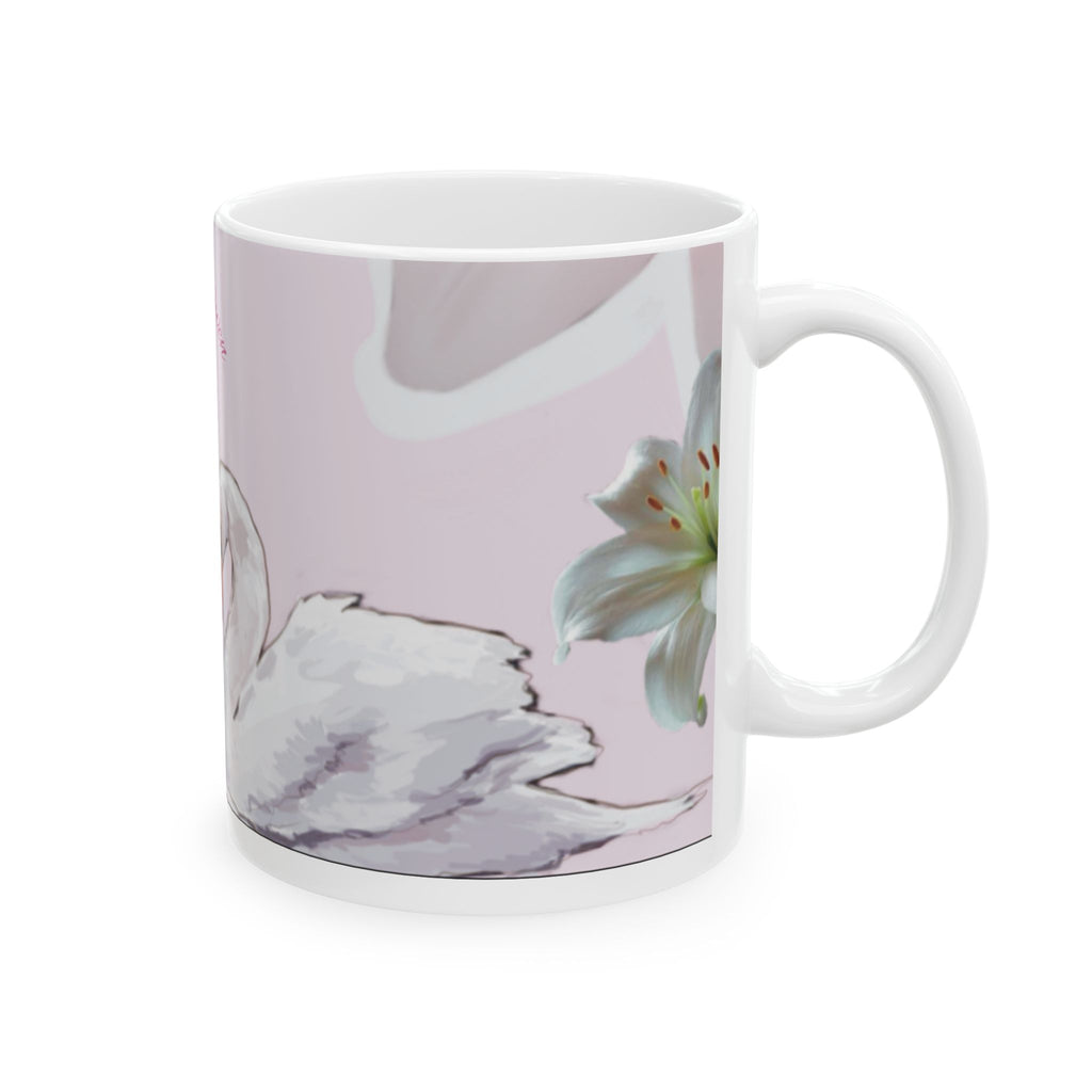 Swan Heart Ceramic Mug — Romantic Pink Floral 11oz/15oz Coffee Cup